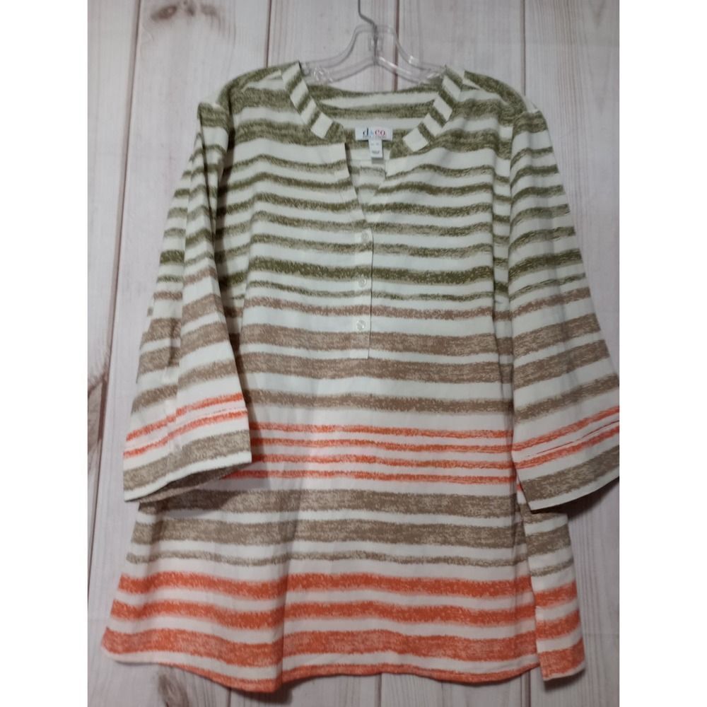 d & co Womens Tunic Top‎ Ladies XL 3/4 Sleeve Striped Button Up Casual Blouse
